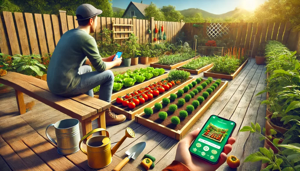 AI Gardening FAQs A beginner gardener using a smartphone app to plan a small vegetable garden layout